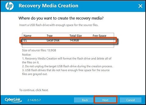 Selecting where to save the backup and next selected