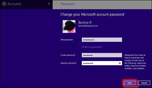 Change your Microsoft account password screen, with the Next button encircled in red