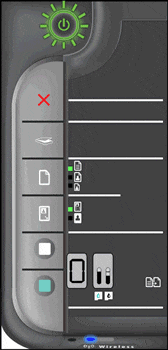Illustration of the control panel with the Power light blinking fast for 3 seconds, and then remaining on