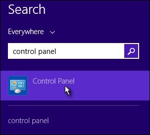 Control Panel search results
