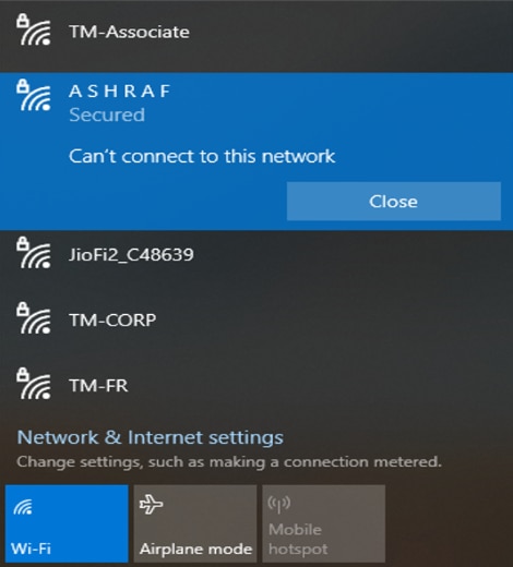 Can't connect to this network error message
