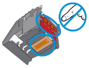 Afbeelding: De elektrische contactpunten of spuitmondjes op de cartridge niet aanraken