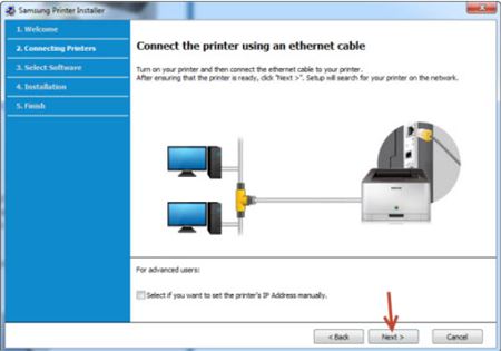 Image shows printer connected through an ethernet cable