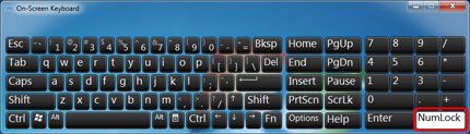 On-screen keyboard with NumLock selected