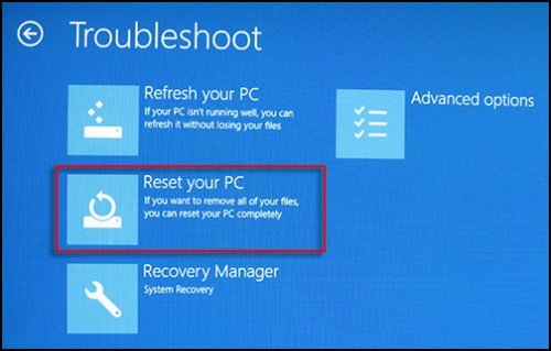 صورة لشاشة Troubleshoot (استكشاف المشاكل وإصلاحها) مع تحديد Reset your PC (إعادة ضبط الكمبيوتر الشخصي)