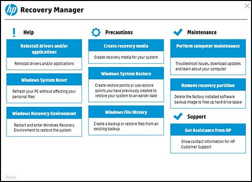 Tela inicial do Recovery Manager