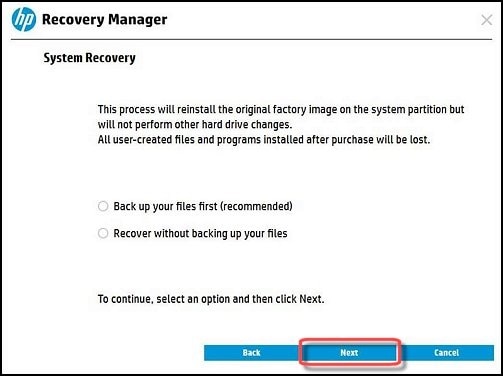 Back up your files or recover without backing up buttons