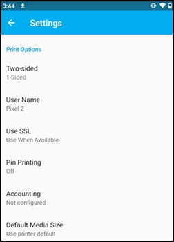 A list of additional settings in the Mopria app