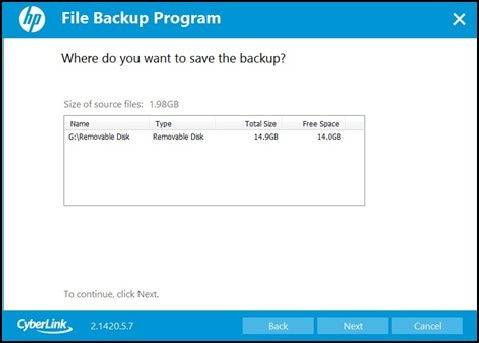 Selecionar o local de backup de arquivos
