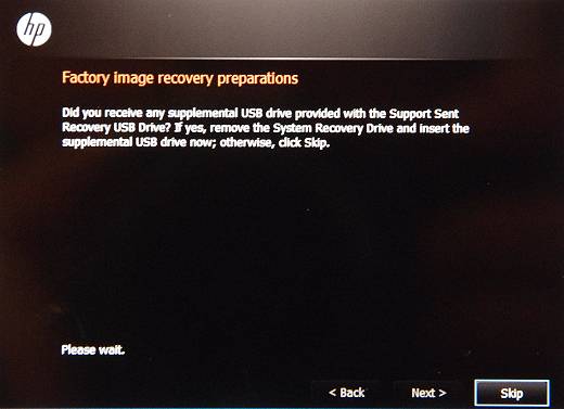  Factory image recovery preparations screen with the Skip button selected.