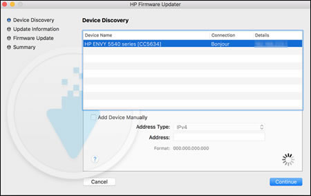  Device Discovery window with printer selected