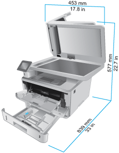 Размеры принтера с полностью открытыми лотками