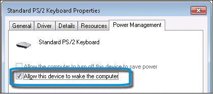 Allow the keyboard to wake the computer (อนุญาตให้แป้นพิมพ์ปลุกการทำงานคอมพิวเตอร์) จากแท็บการจัดการพลังงาน