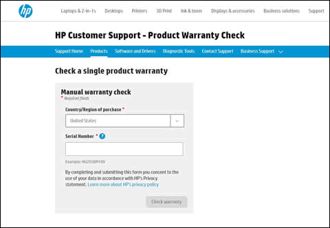 An example of the HP Product Warranty Check webpage showing the country/region of purchase and serial number entry fields.