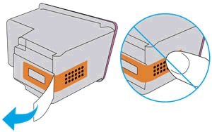 Image: Removing the tape and avoid  touching the ink cartridge contacts or ink nozzles.