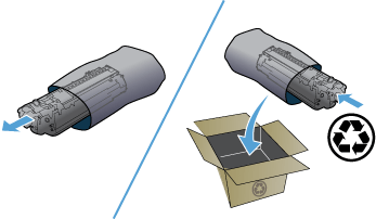 图示：从包装中取出新硒鼓，然后将旧硒鼓回收利用。