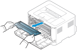 Removing a toner cartridge from the inside of the printer.