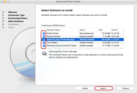 Image shows printer software for installation
