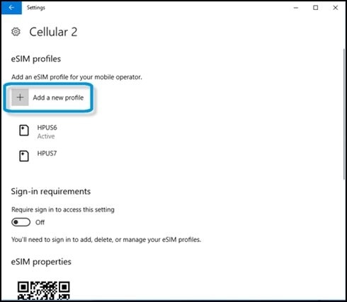 Cellular 2 options with Add a new profile highlighted