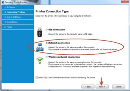 Image shows the network connection option highlighted
