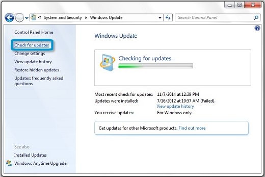 ตรวจหาข้อมูลอัพเดตใน Windows Update