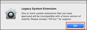 Clicking OK on the 'Legacy System Extension' message