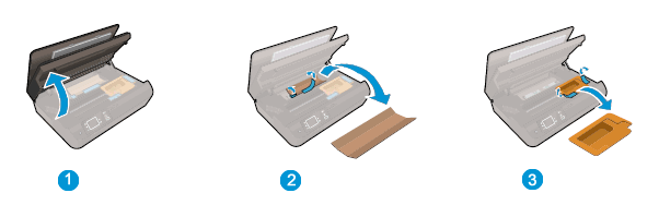 Image: Open the cartridge access door, and then remove the tape and packing material.