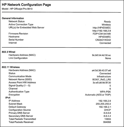 Example of the Network Configuration Page 1