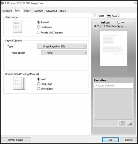 An example of the HP Laser print properties window