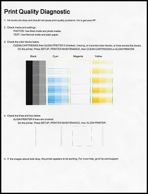 Example of a Print Quality Diagnostic report with  defects.