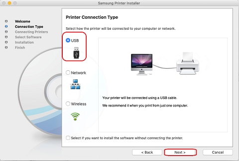 Image shows selecting to the USB connected printer option.