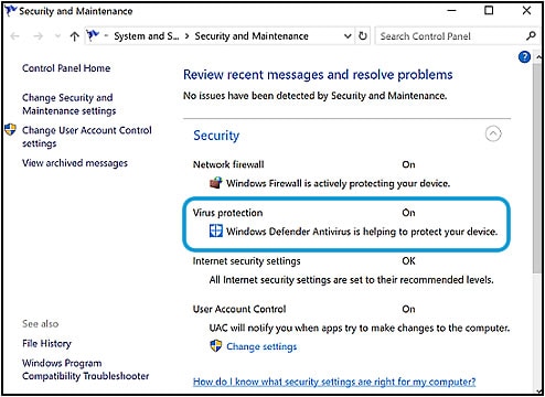 Ενότητα "Ασφάλεια" στο Κέντρο ενεργειών (Windows 10)