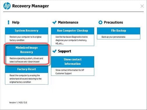 Recovery Manager main screen with Minimized Image Recovery selected