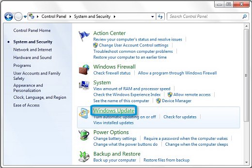 Windows Update ในเมนู System and Security (ระบบและความปลอดภัย) จาก Control Panel (แผงควบคุม)