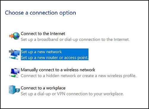 Elija una opción de conexión con Configurar una nueva red seleccionada