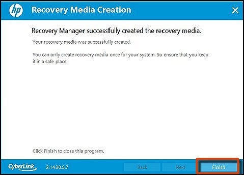 Recovery Media Creations screen with Finish selected