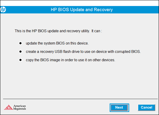 HP BIOS 업데이트 및 복구 창에서 다음 클릭