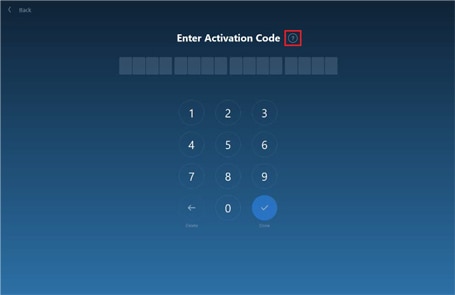 Question mark icon on the Enter Activation Code screen