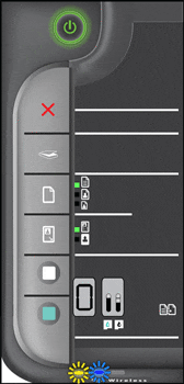 Illustration of the control panel with the Wireless button indicator light  and the Attention light blinking fast