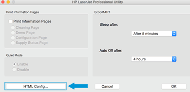 Ejemplo del botón de Configuración HTML en HP Utility