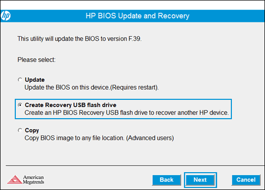 HP 시스템 BIOS 업데이트 유틸리티에서 복구용 USB 플래시 드라이브 만들기