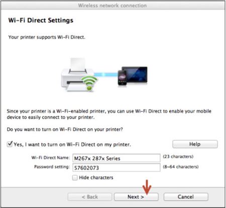Image shows selecting to turn on Wi-Fi Direct on the printer